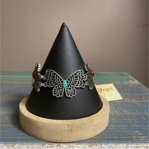 Butterfly Design Silver Bracelet With Turquoise & Red Accents